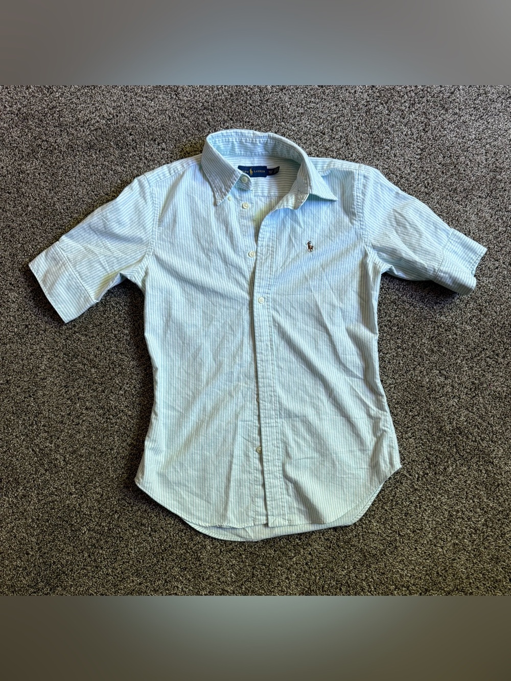 Polo Ralph Lauren blue and white striped cotton oxford short-sleeve shirt. - Picture 3 of 7